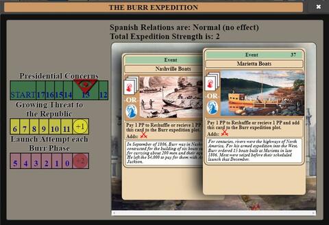 Window showing the status of Burr's Expedition in the game with two cards